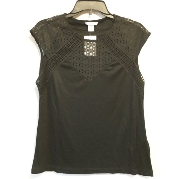 NWT H&M Black Lace Topped Crew Neck Cap SleeveTop - Picture 2 of 14